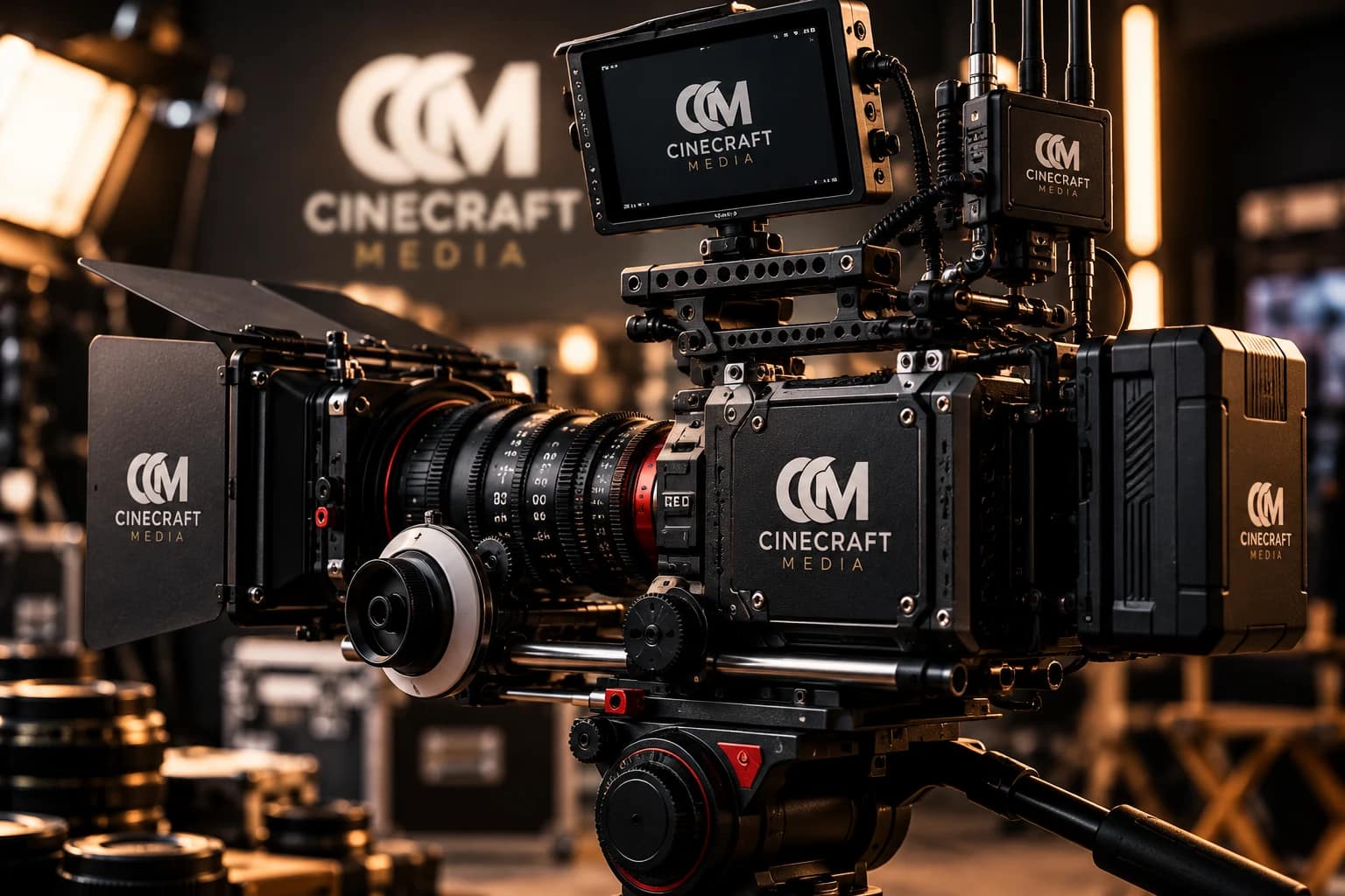 Concept mockup: Cinecraft Media logo applied to a cinema camera rig, matte box, monitor and battery