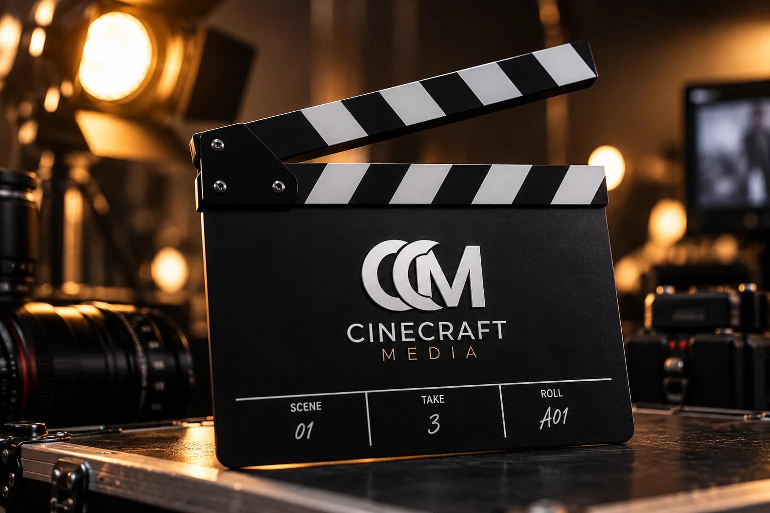 Concept mockup: Cinecraft Media logo printed on a black clapperboard on set