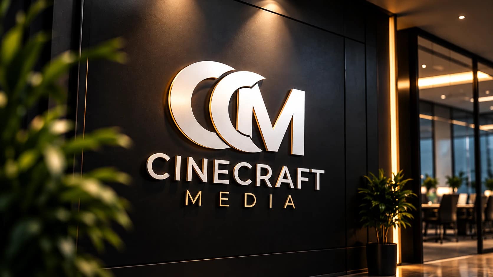 Concept mockup: Cinecraft Media logo as dimensional white and gold lettering on a dark studio reception wall