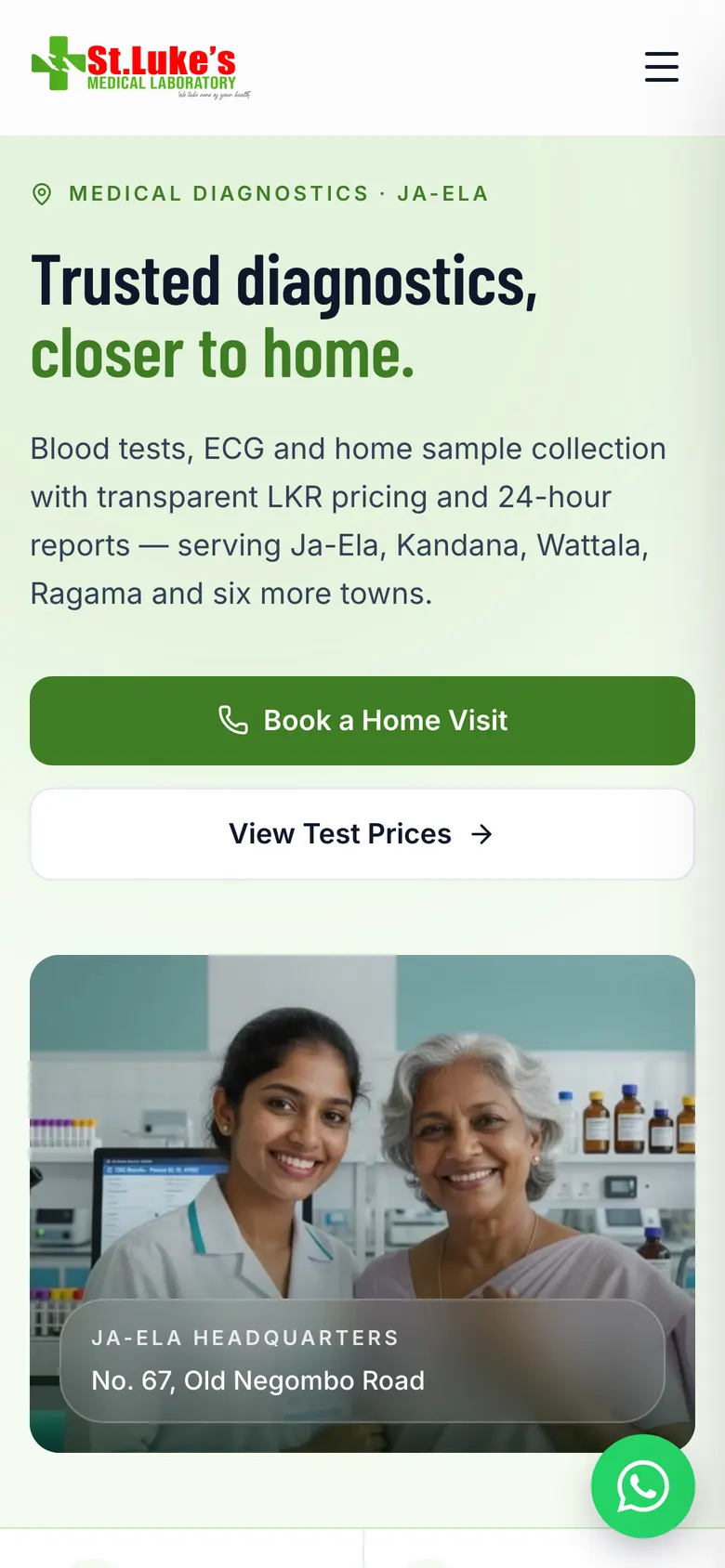 St Luke's homepage on mobile with Book a Home Visit and WhatsApp buttons