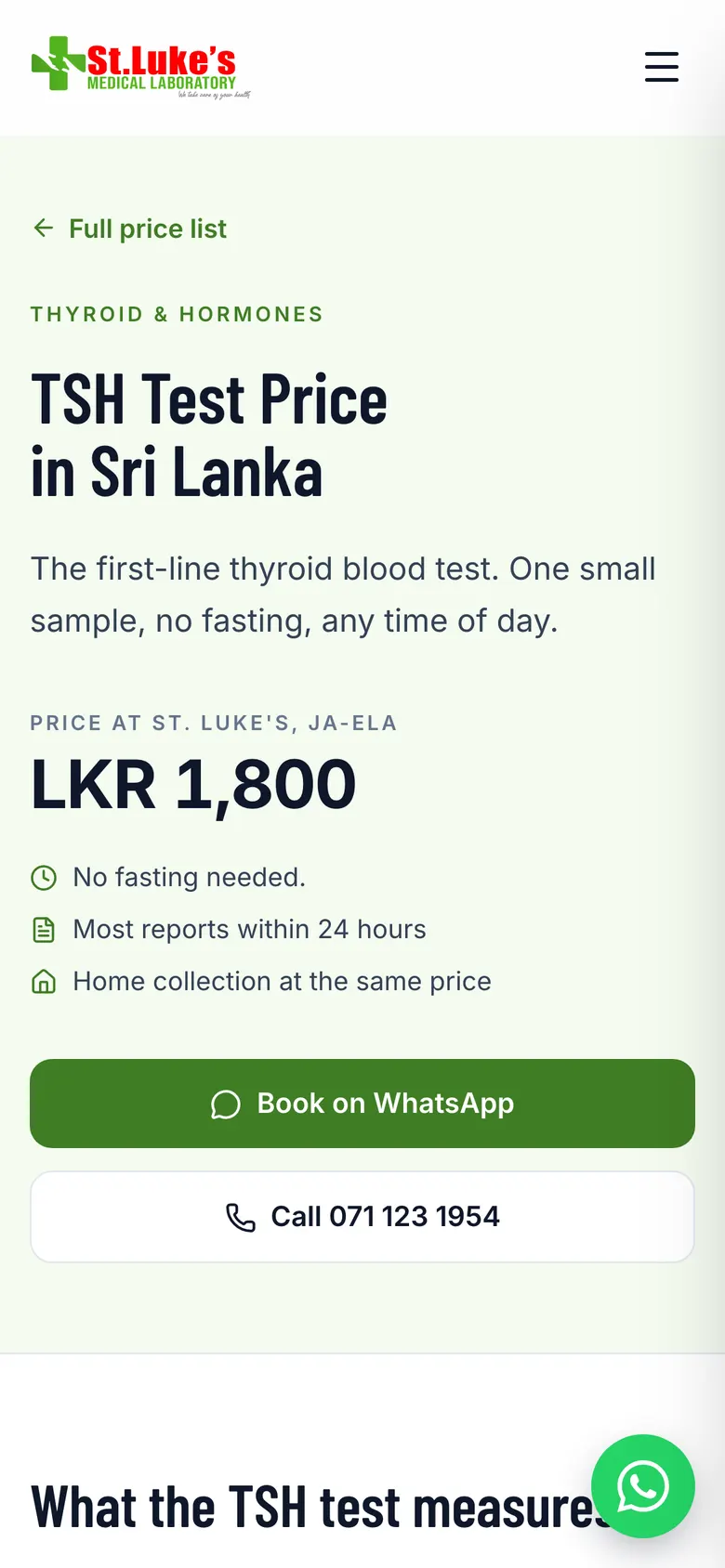 TSH test price page on mobile with Book on WhatsApp and call buttons