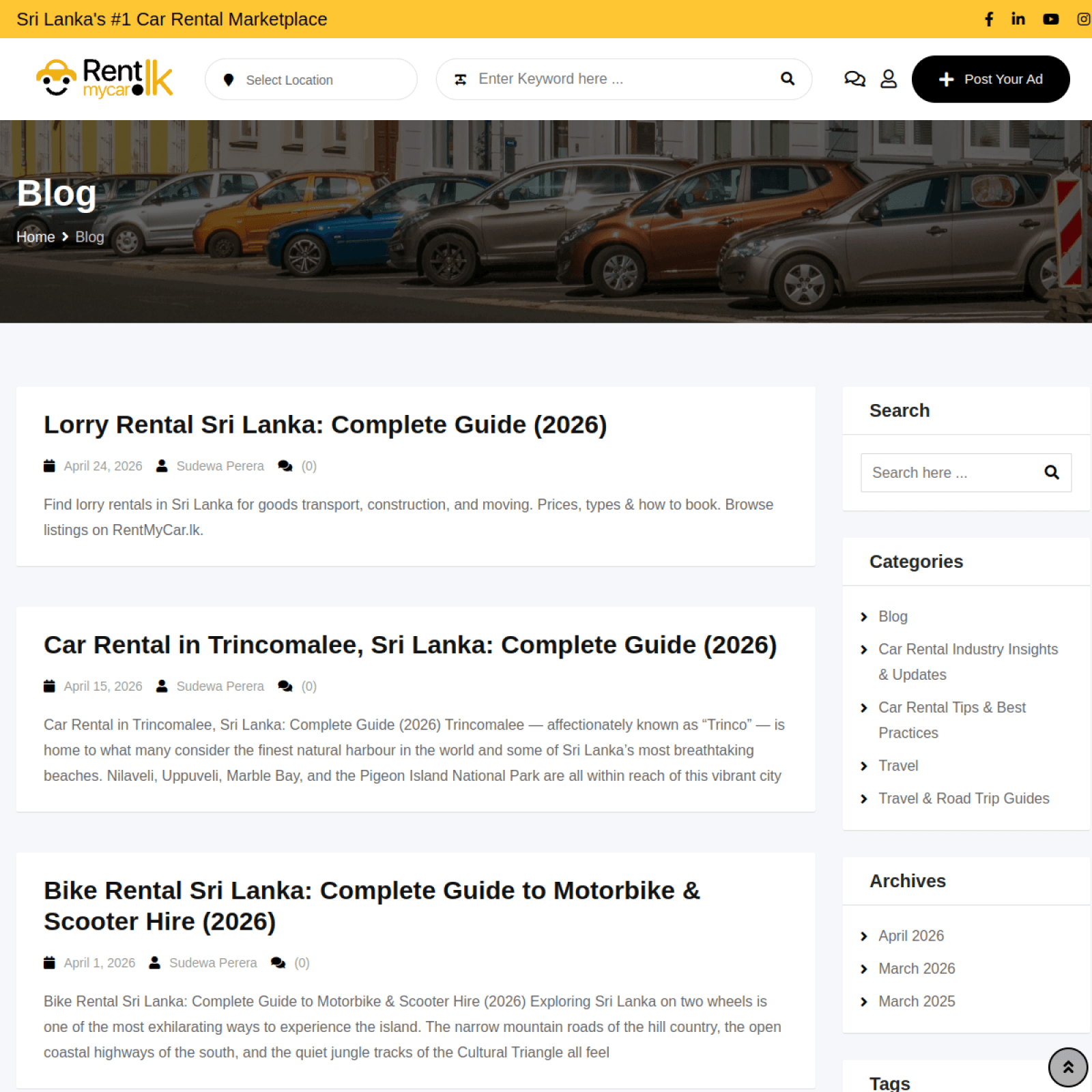 RentMyCar.lk blog index showing the programmatic topical cluster