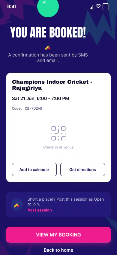 CricBook booking confirmation screen with booking reference