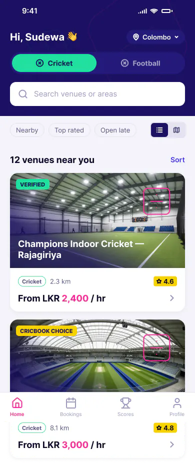 Step 03, Compare courts: Distance, rating and price on every card.