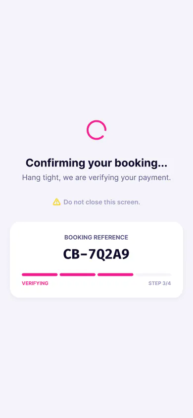 Step 07, Pay: Held while you pay. Confirmed the moment it clears.