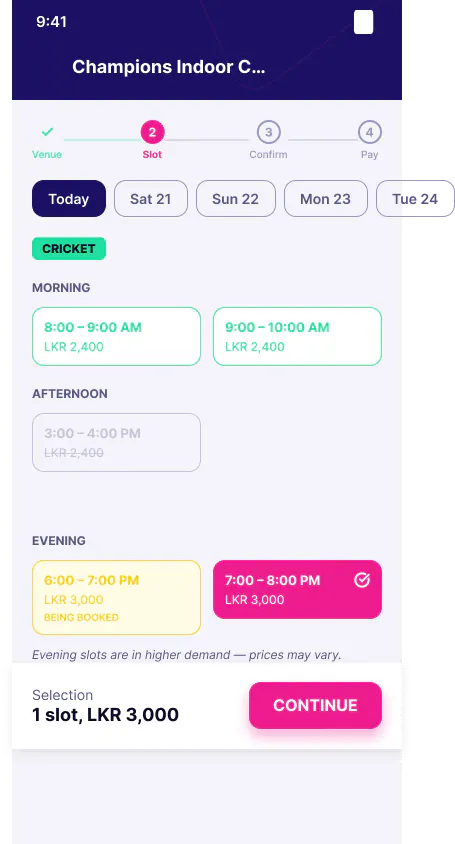 CricBook slot selection screen