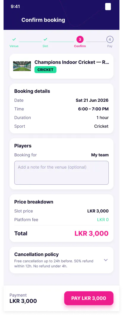 Step 06, Confirm: Court, time, price and cancellation terms — on one screen.