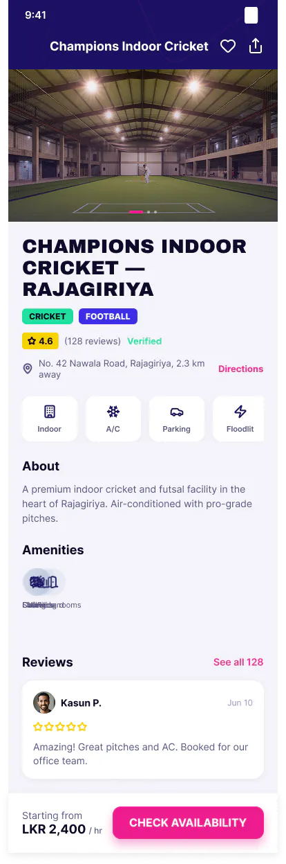 Step 04, Check availability: Amenities, reviews and a direct path to live slots.