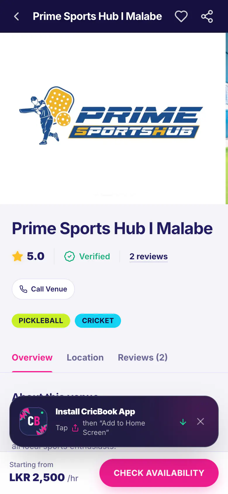 CricBook mobile venue details page with availability