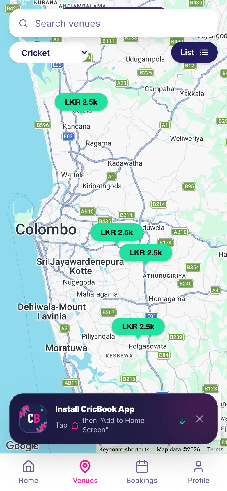 CricBook mobile venue map with prices