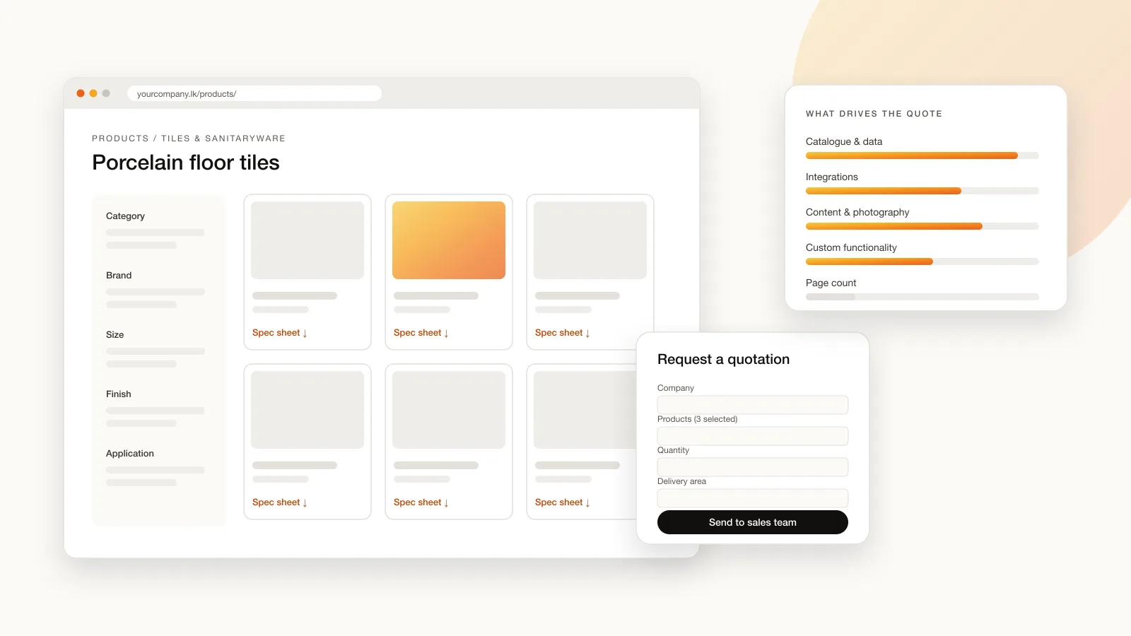 Illustration of a manufacturer's website with a product catalogue, spec-sheet downloads and an enquiry form, next to a breakdown of website cost drivers