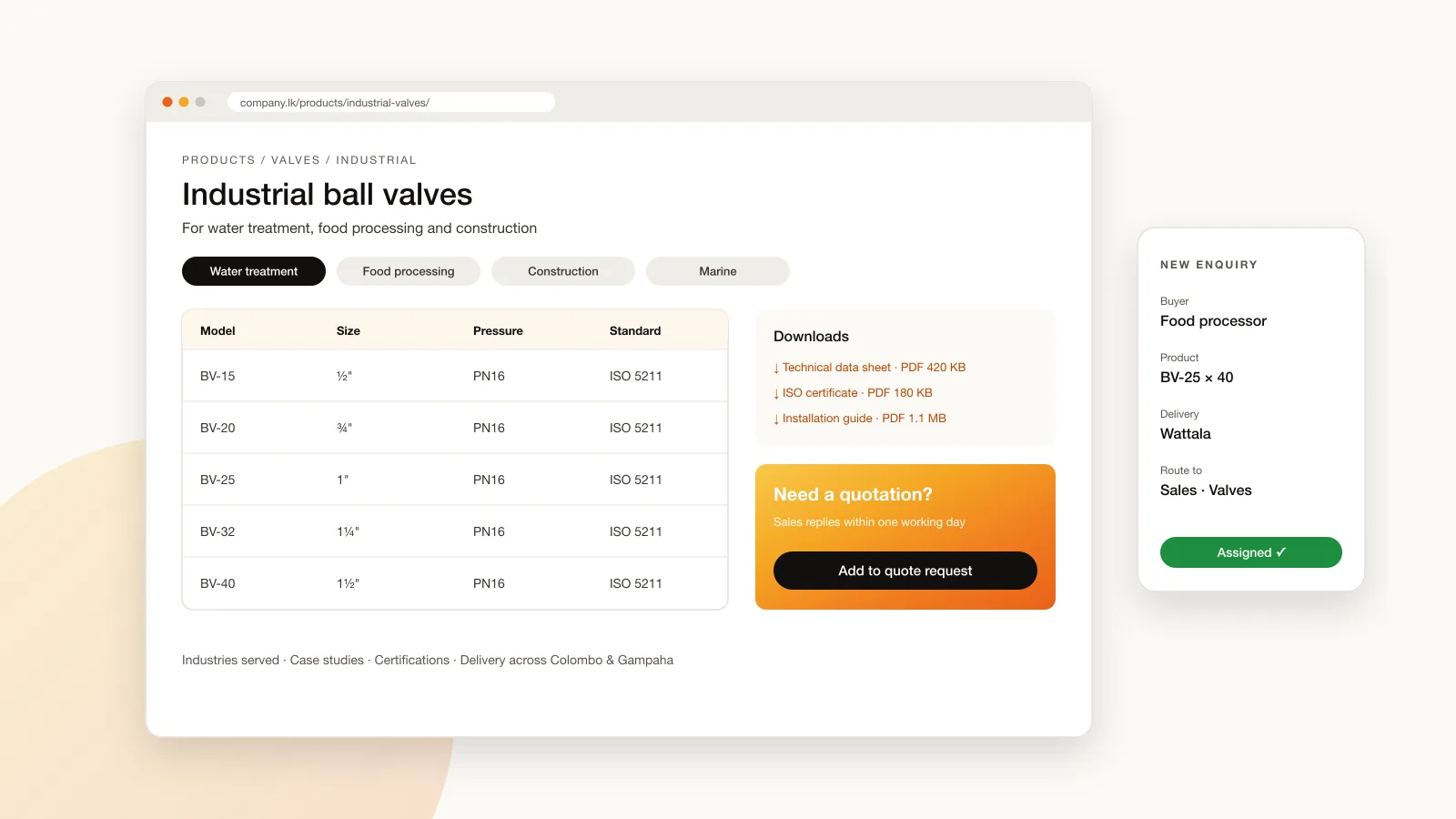 Illustration of a B2B company website with product categories, a specification download, industries served and a quote request panel