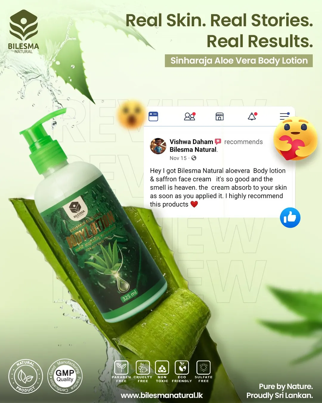 Bilesma Natural Sinharaja Aloe Vera Body Lotion review post: bottle on an aloe leaf with an English customer review card