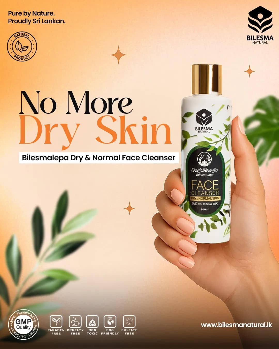 Bilesma Natural Bilesmalepa Dry and Normal Face Cleanser spotlight: No More Dry Skin headline, bottle held in a hand on peach