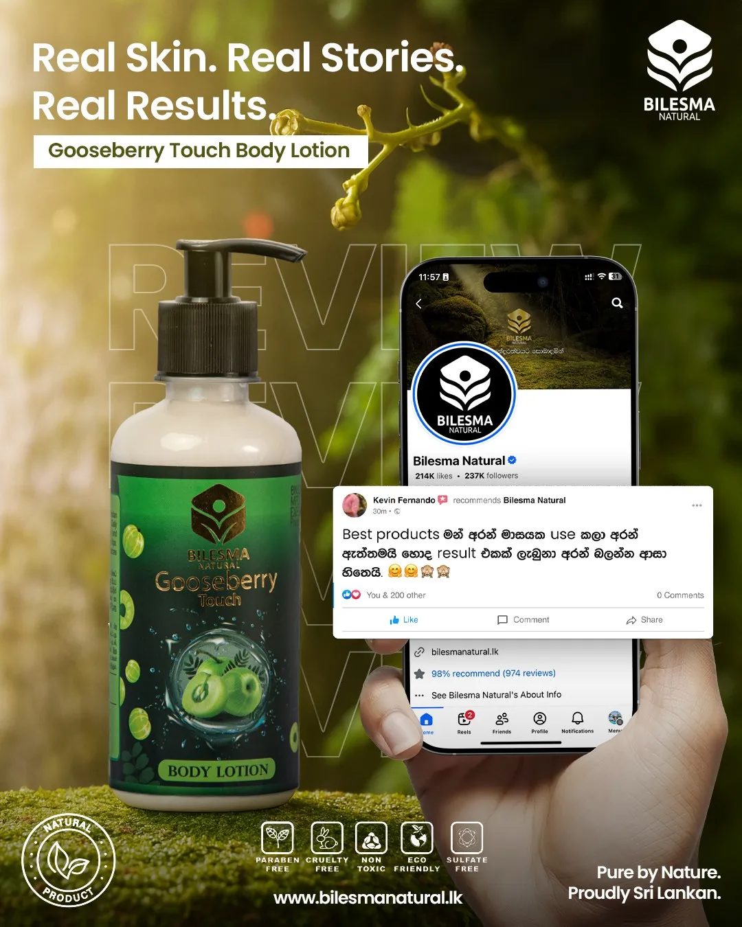 Bilesma Natural Gooseberry Touch Body Lotion review post: bottle on moss beside a hand holding a phone with a customer recommendation