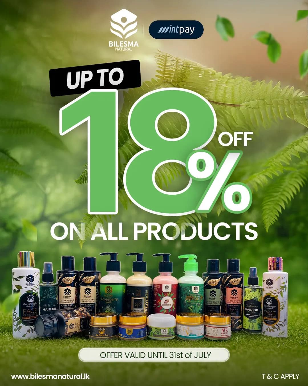 Bilesma Natural and Mintpay offer post: oversized green 18% off on all products over a forest scene, full range lined up on grass
