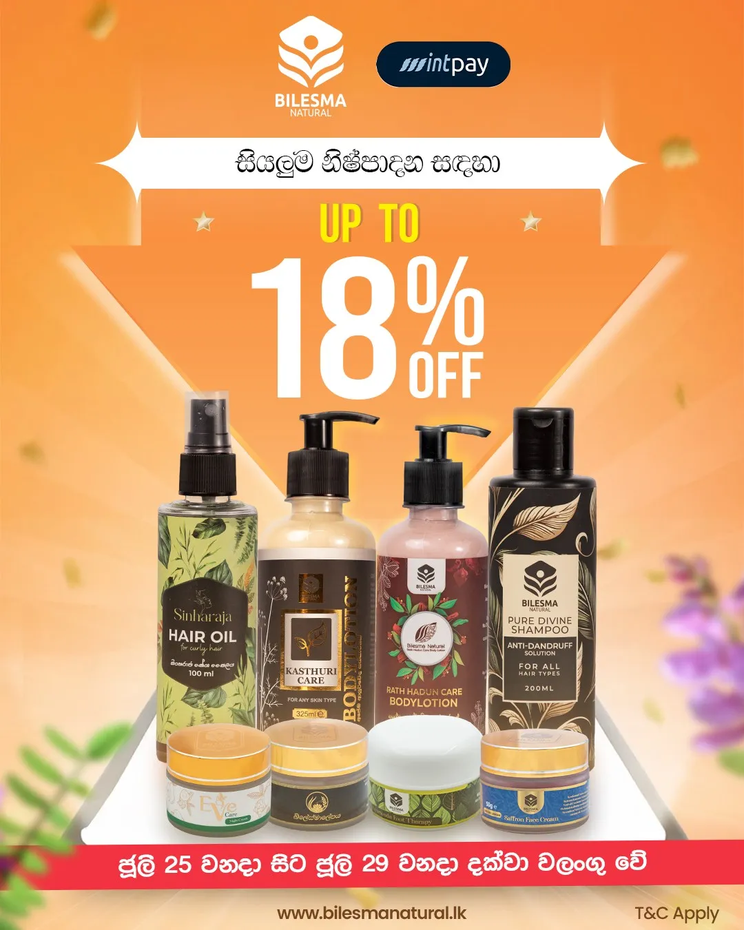 Bilesma Natural and Mintpay offer post: up to 18% off all products in Sinhala, product range on a white podium