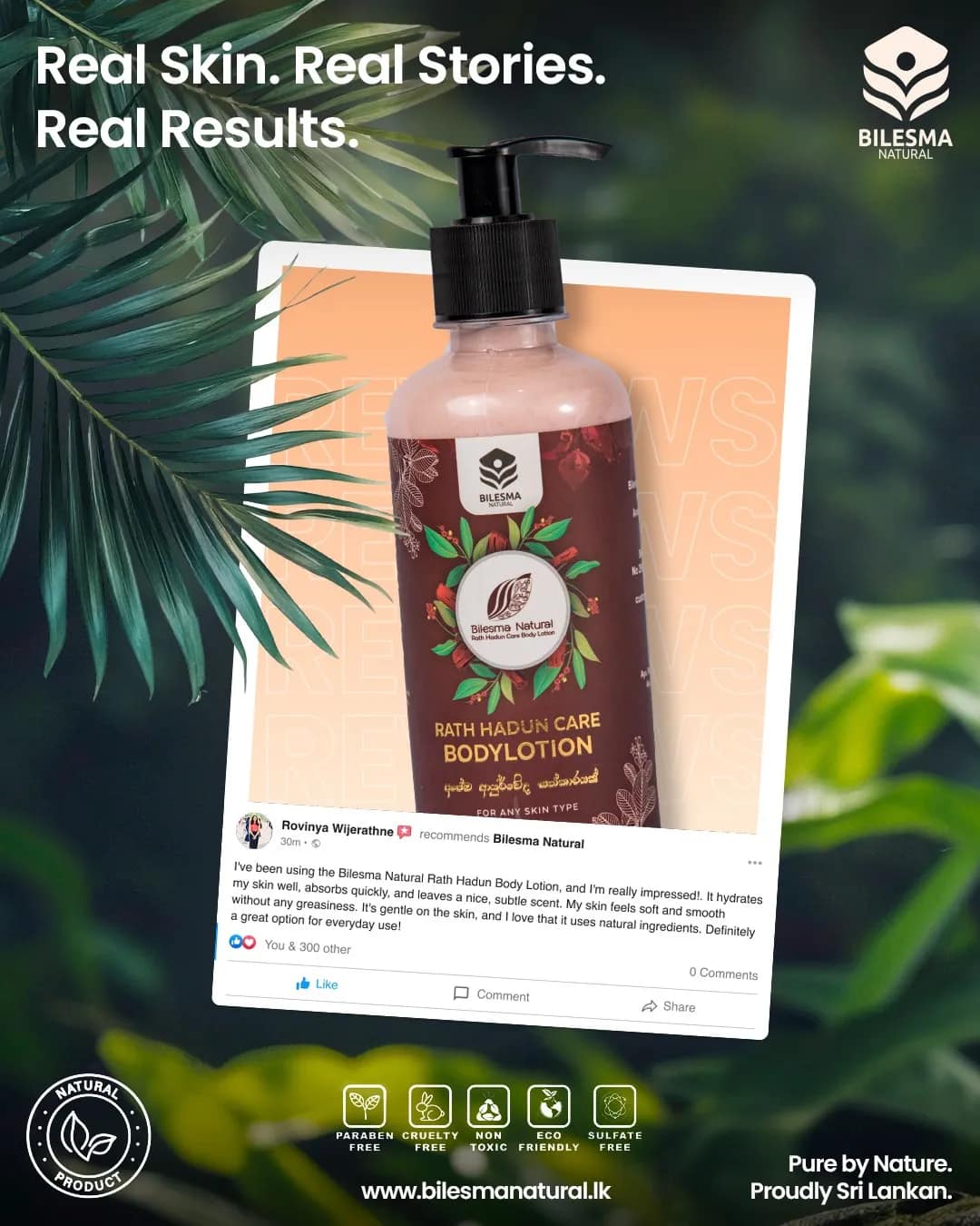 Bilesma Natural Rath Hadun Care Body Lotion review post: Real Skin. Real Stories. Real Results. with a customer review card among palm fronds