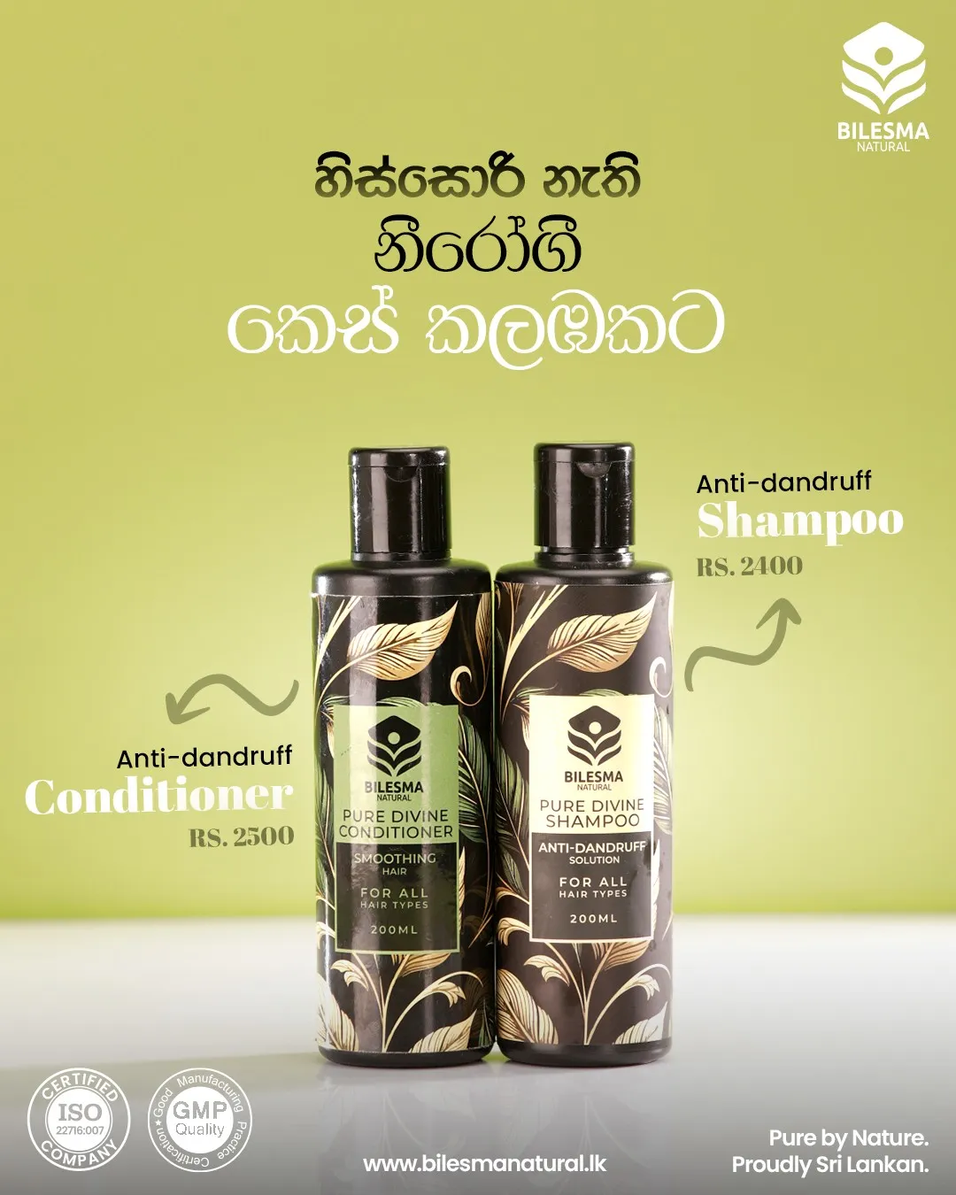 Bilesma Natural Pure Divine anti-dandruff shampoo and conditioner spotlight with prices on a lime background