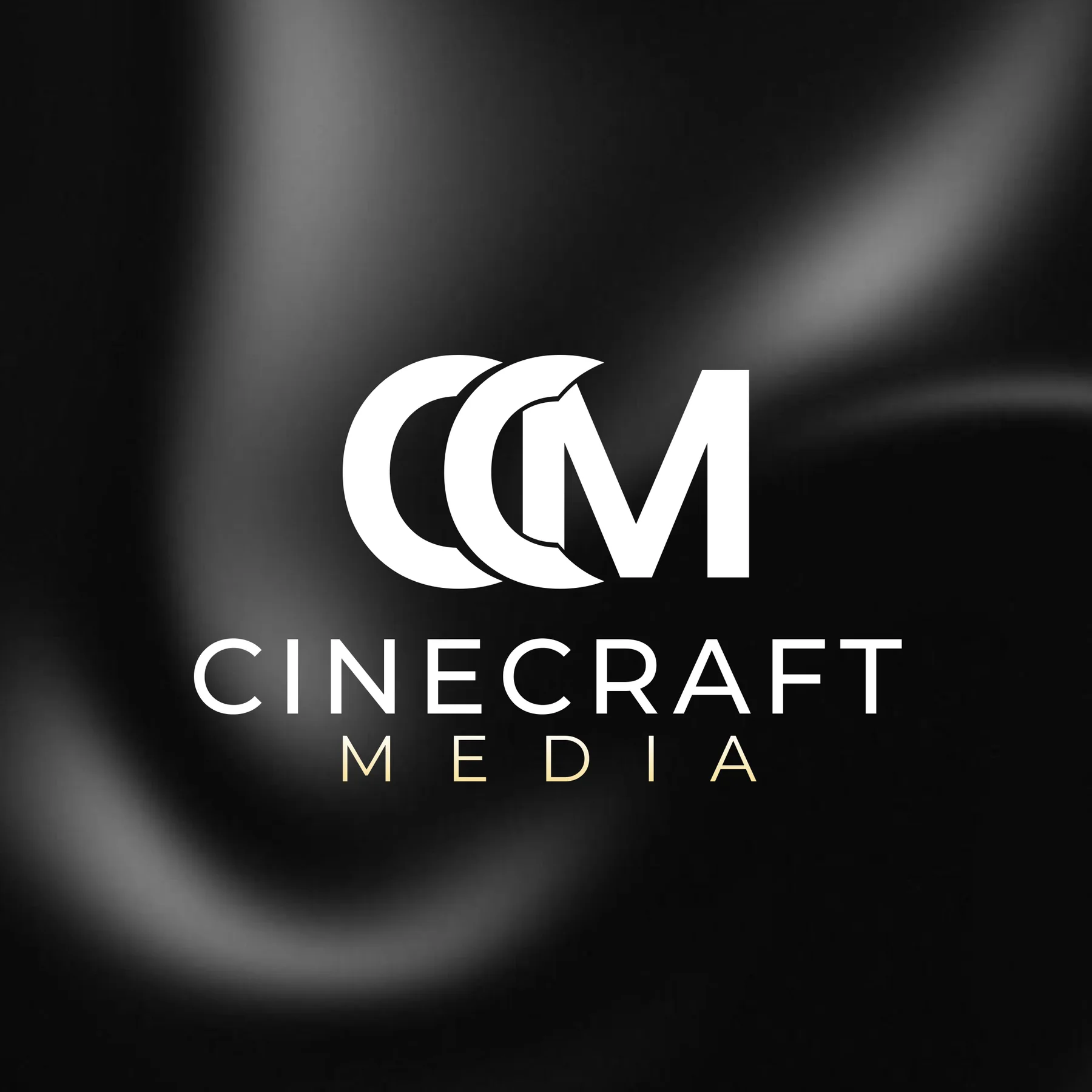 Cinecraft Media full logo in white with a gold MEDIA line on a black satin background, designed by Uniix Studio