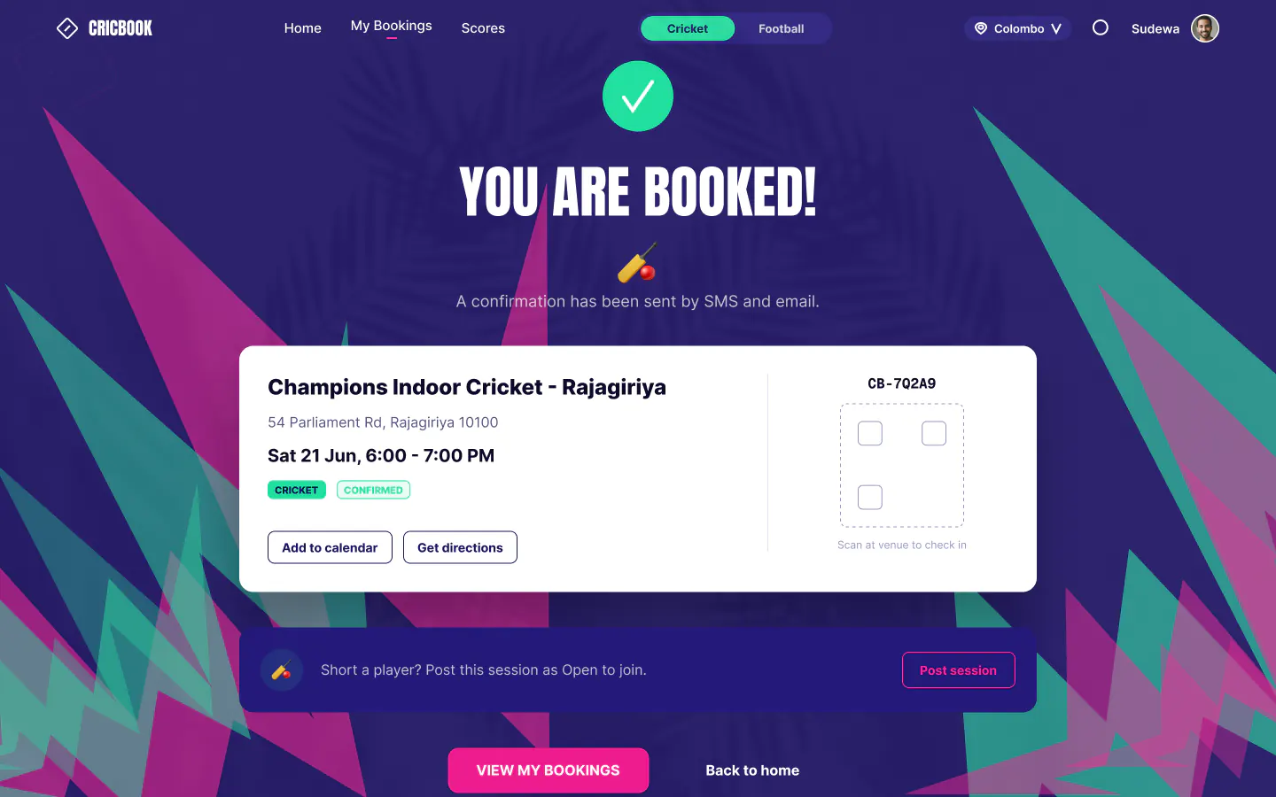 CricBook desktop design: You are booked confirmation