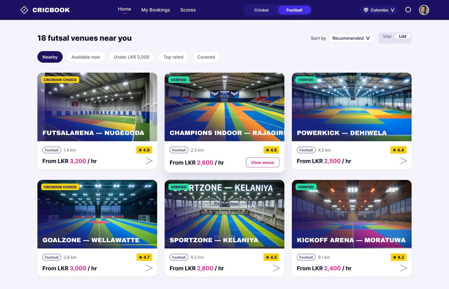 CricBook desktop design: futsal venues near you, in a grid of venue cards