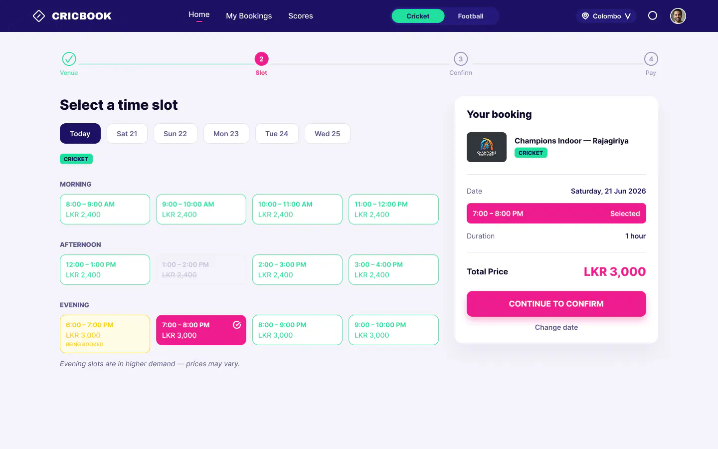 CricBook desktop design: select a time slot with a booking summary