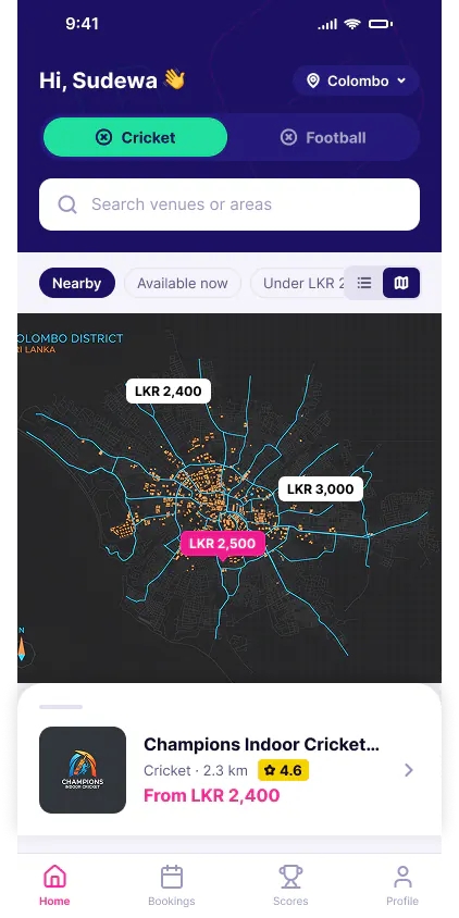 CricBook map view with price pills on each venue