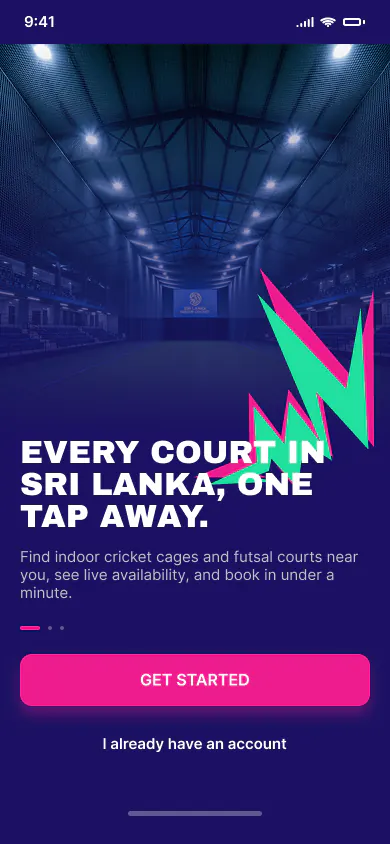 CricBook onboarding: Every court in Sri Lanka, one tap away.