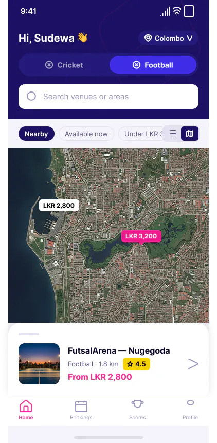 CricBook app home with sport toggle, search and nearby filters
