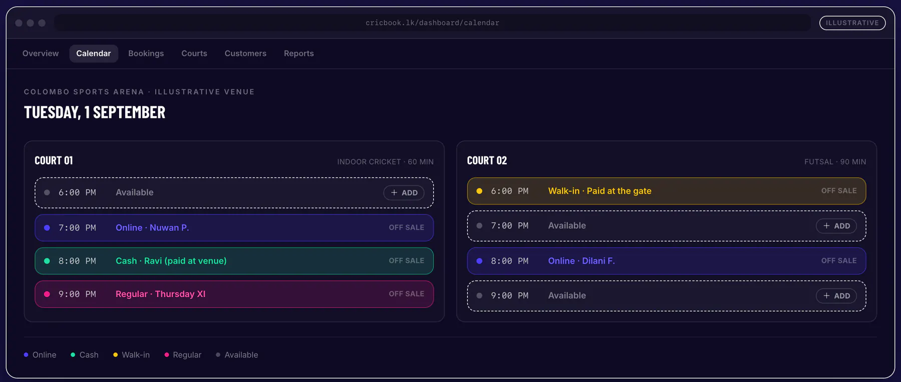 CricBook venue console calendar showing two courts with online, cash, walk-in and regular bookings