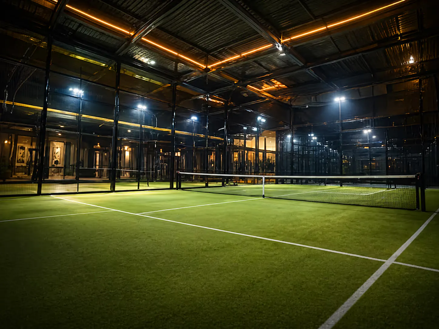 Indoor cricket nets under floodlights