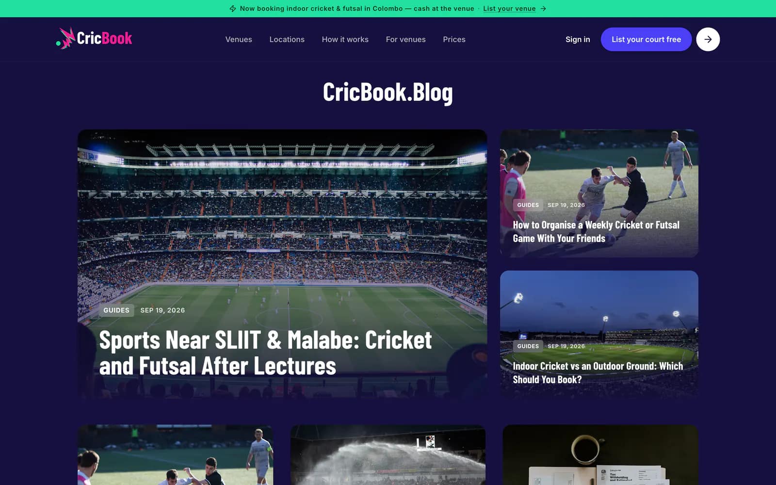 CricBook blog index with sports and area articles