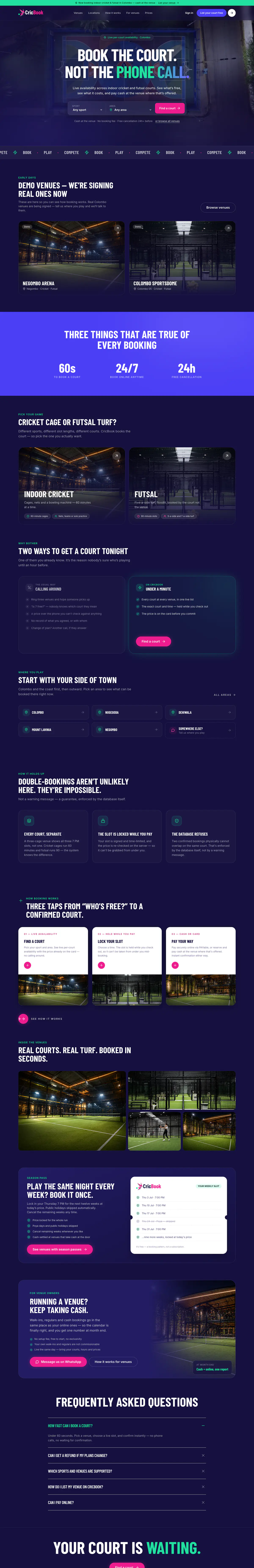 The full CricBook homepage, from hero to footer