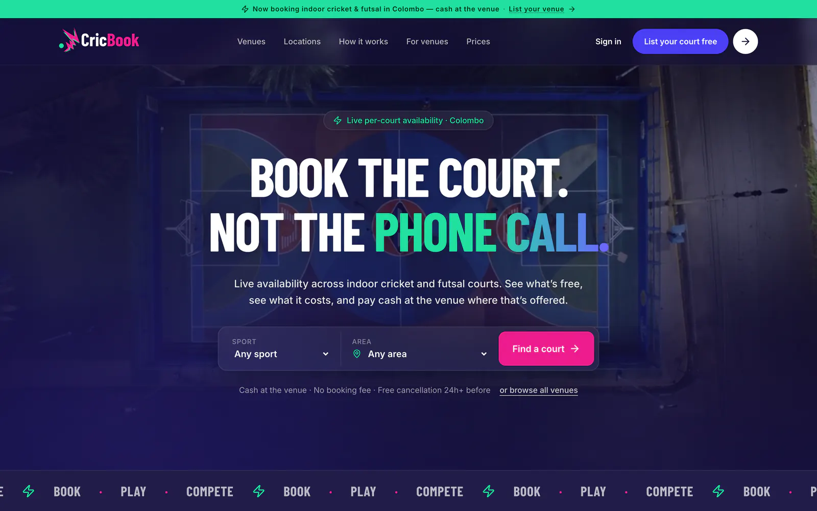 CricBook homepage — Book the court. Not the phone call.