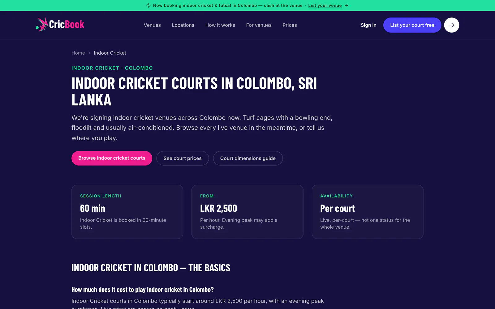 CricBook indoor cricket courts in Colombo page