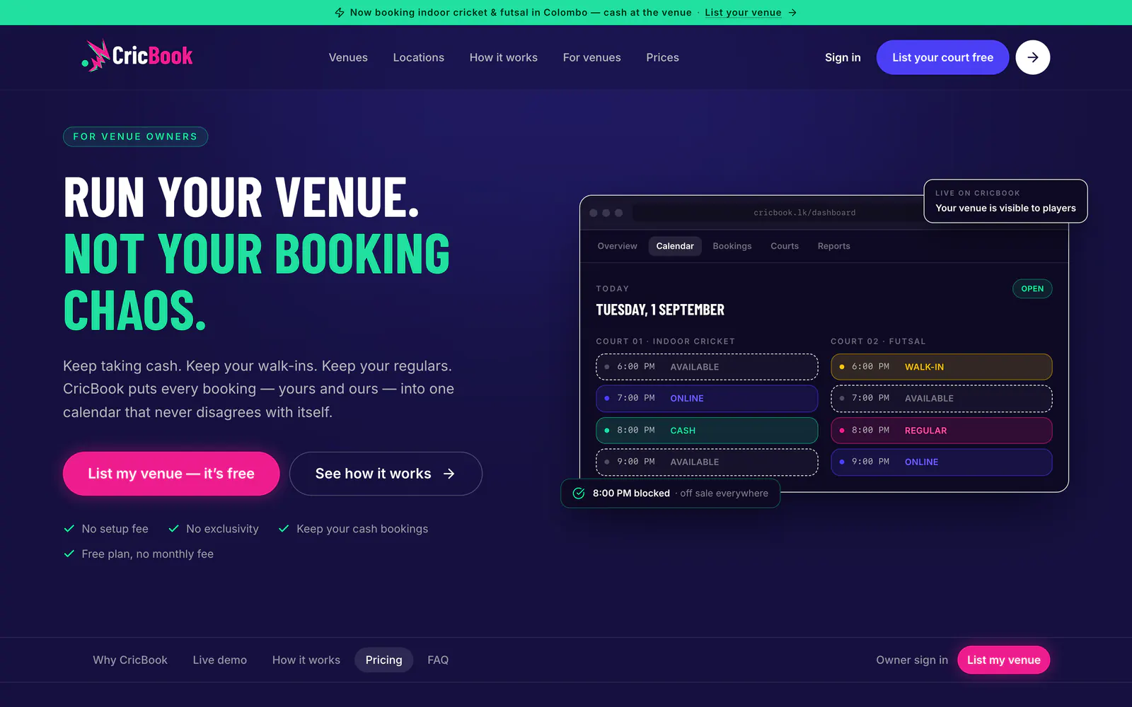 CricBook for venue owners page: Run your venue. Not your booking chaos.