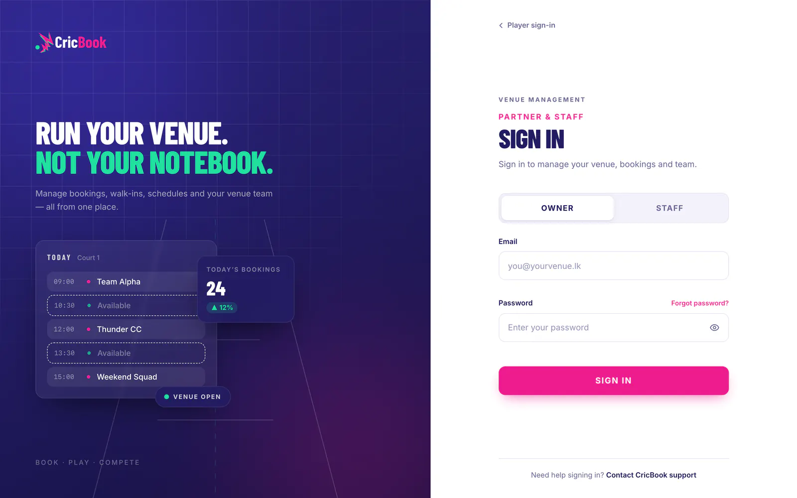CricBook venue management sign-in: Run your venue. Not your notebook.