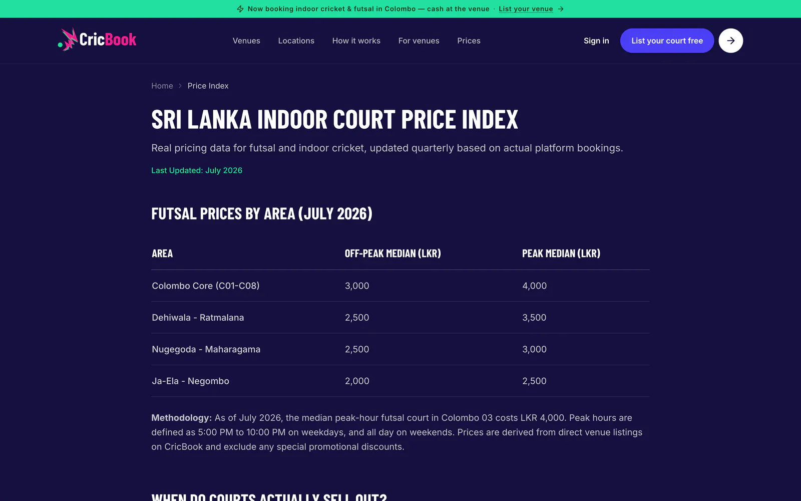 CricBook Sri Lanka indoor court price index page