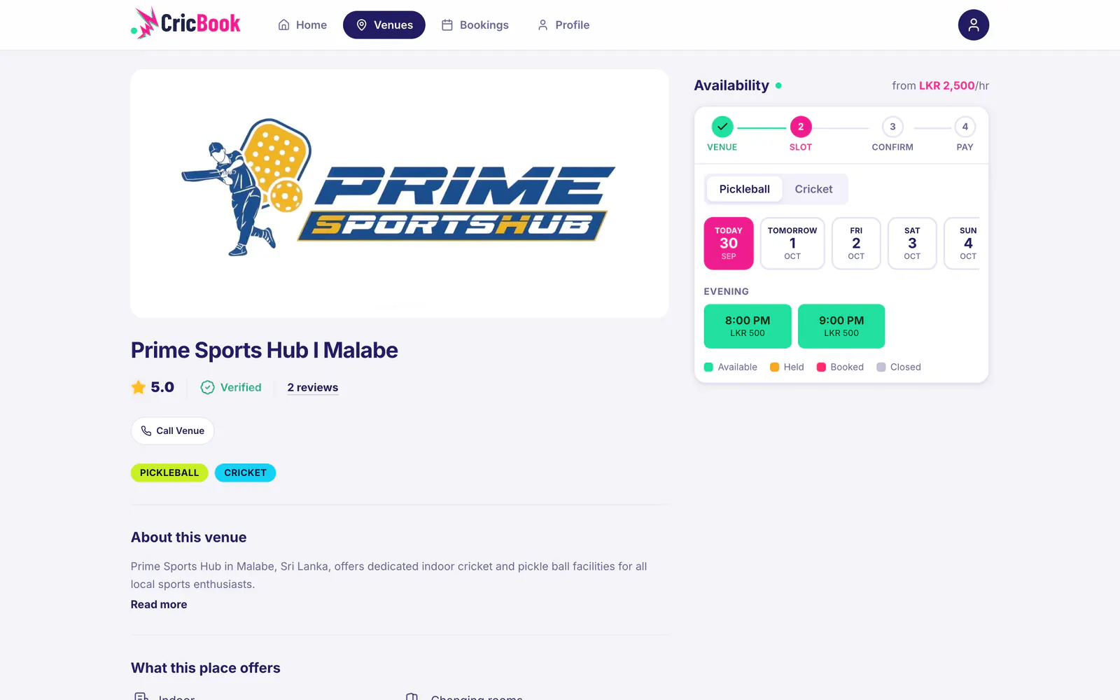 CricBook venue page on desktop
