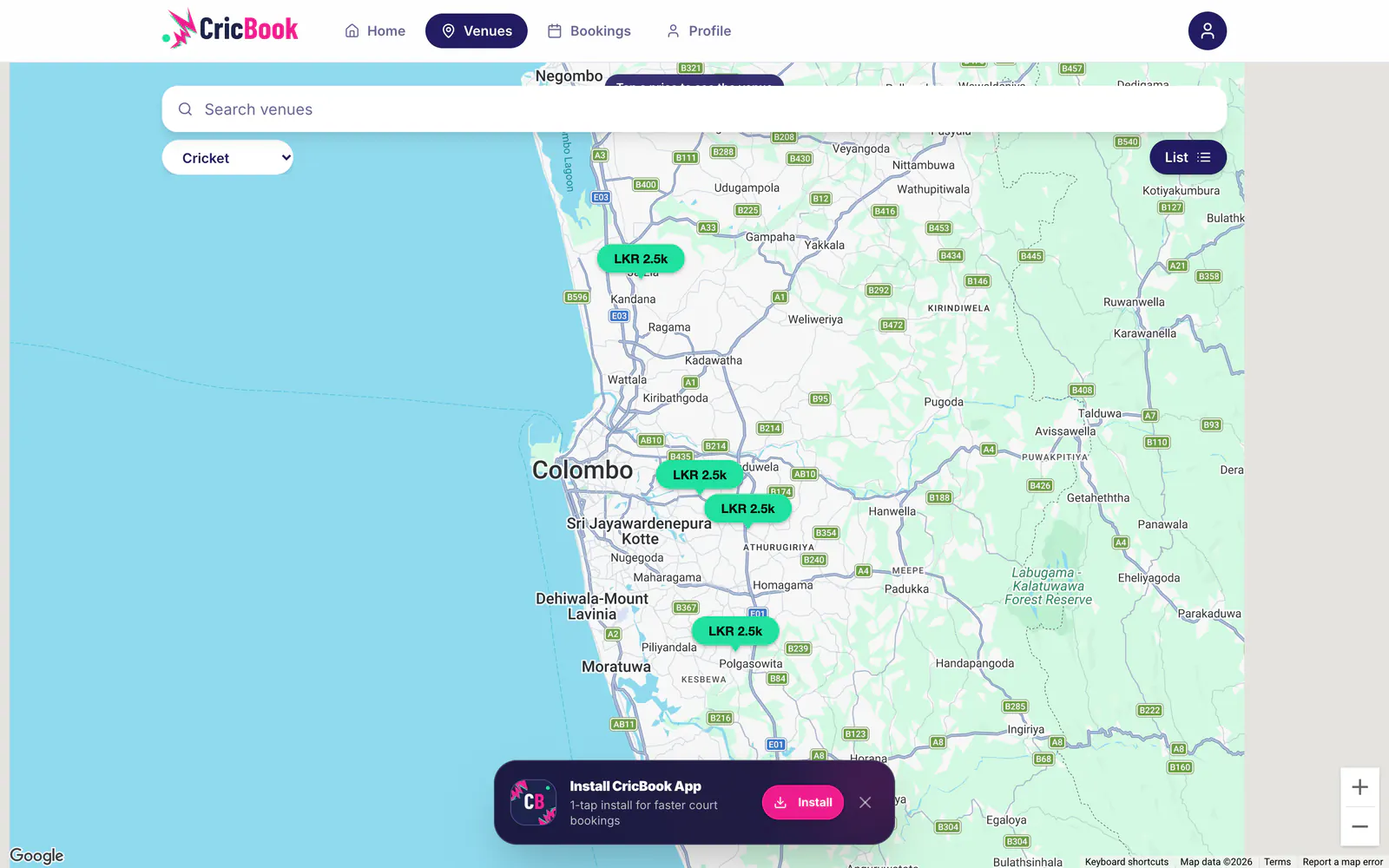 CricBook venue discovery map with prices on each venue