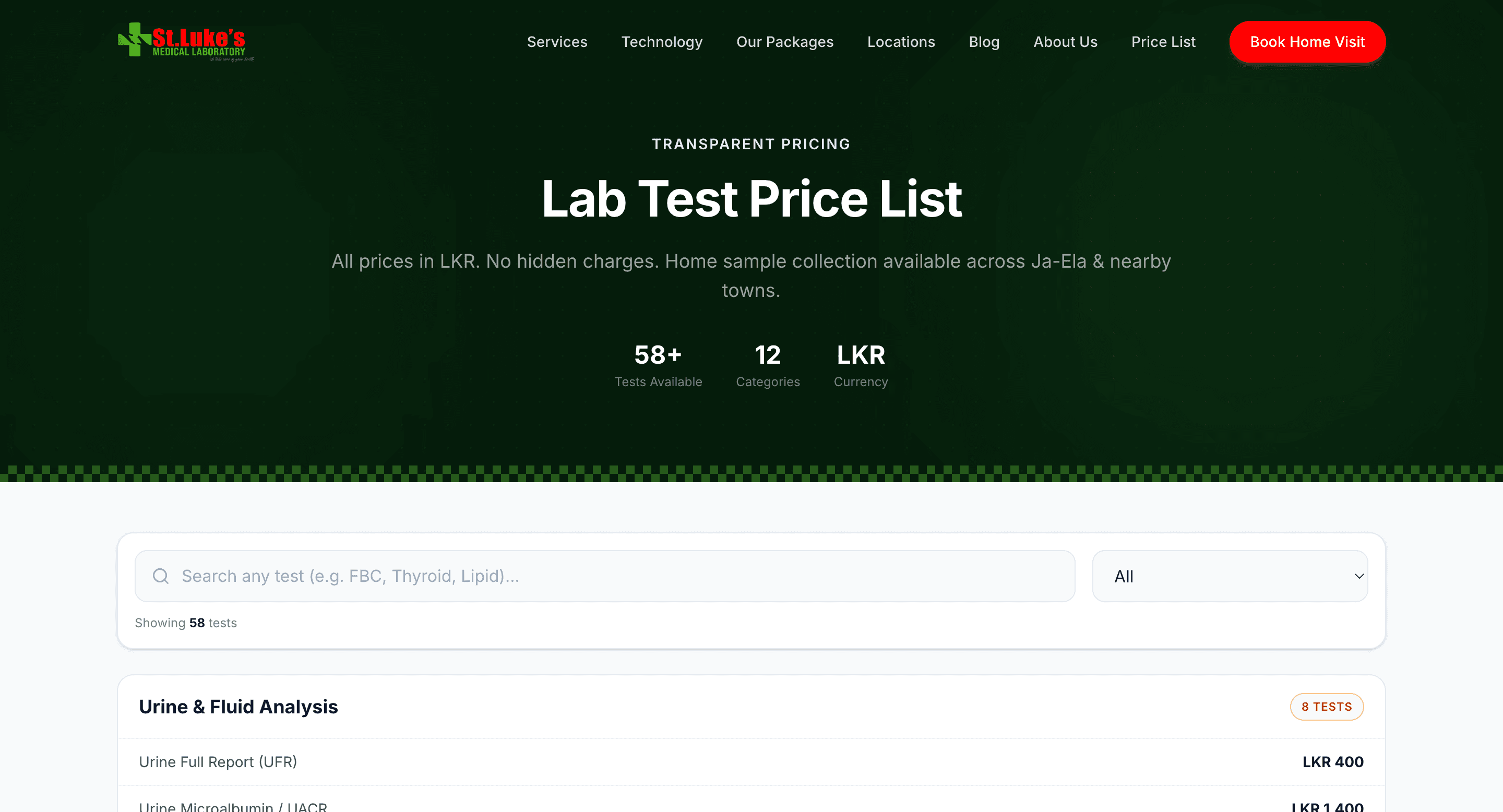 St Luke's lab test price list page in LKR — transparent pricing for local SEO